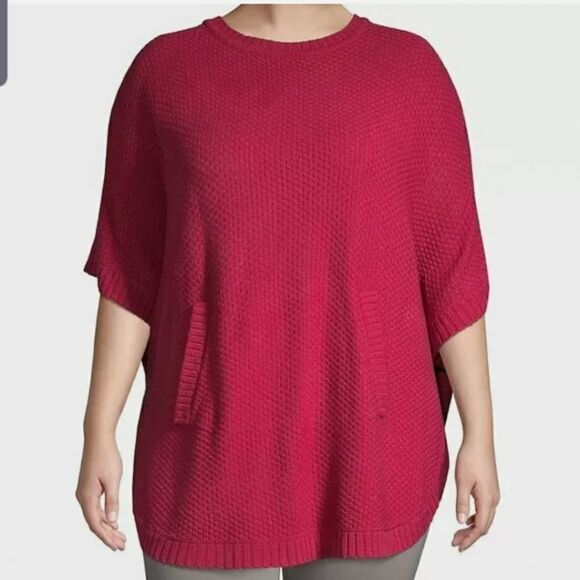 Lane Bryant Sweater Top Poncho Red Shirt Tunic Ribbed Pockets sz 22/28 - Picture 1 of 6